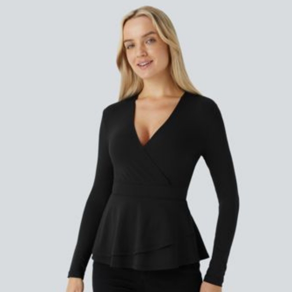 HALARA Tops - Halara NWT Elegant Black Deep V-Neck Rouche Stretchy Peplum Top Sz L
